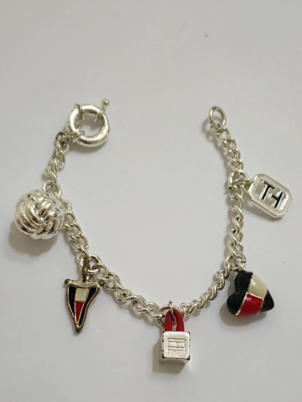 Tommy Hilfiger Silver Charm Bracelet with Red White & Blue Enamel Accents